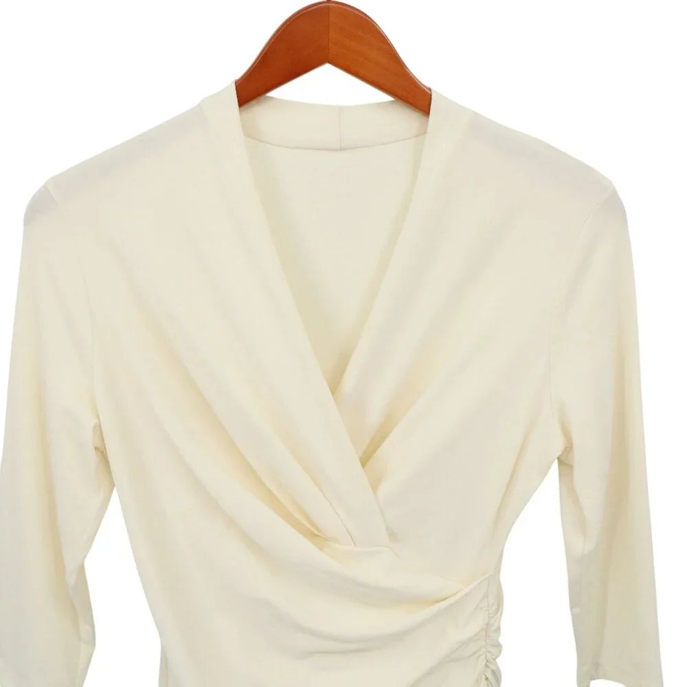 Peruvian Connection Ivory Faux Wrap Cyprus Ruched V-Neck Pima Cotton Top S M - Picture 4 of 6